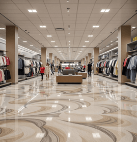 Beige and Almond Metallic Epoxy Swirl epoxy resin flooring in a commercial clothing store 