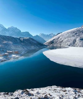 Vue sur le lac et la vallée de Gokyo, depuis Gokyo Ri.
