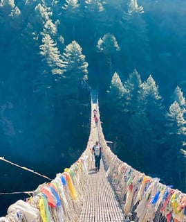 Passage d'un pont suspendu avec drapeaux.