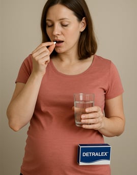 a woman in a pink shirt is holding a pill