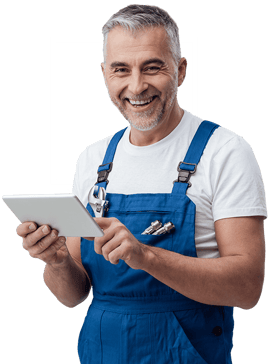 a man in overalls and overalls holding a tablet computer