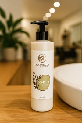 Imagen editorial con producto Lenixelle Hair Care sobre fondo natural que transmite profesionalidad