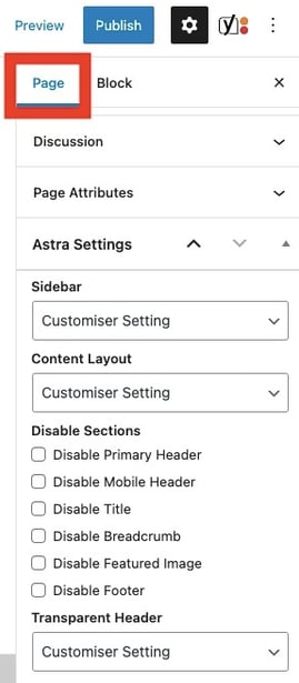 page settings tab