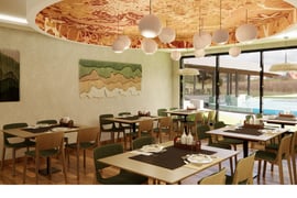 a restaurant with a large window and a table with plates and glasses VANTAGE FARMLAND TROPICAL EXPERIENCE
