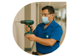 Técnico de NOAM realizando mantenimiento preventivo en instalaciones con taladro eléctrico