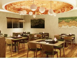 a restaurant with a large window and a table with plates and glasses VANTAGE FARMLAND TROPICAL EXPERIENCE
