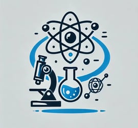 Line drawing of an atom, a laboratory microscope, and an Erlenmeyer flask containing a blue liquid,
