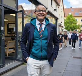 a man in a suit and tie standing in front of a building, darouiche darouiche