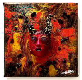 a painting of a woman's face with a red mask
