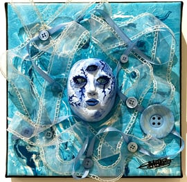 a painting of a face with a blue face and tissus