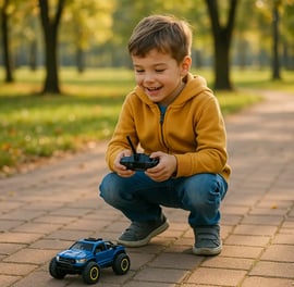 Niño jugando con carro a RC en el parque