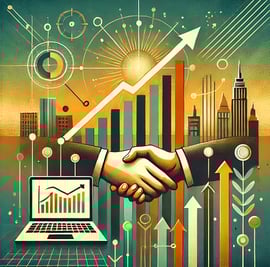 An image of two hans shaking in agreement with a computer, buildings and market growth arrows