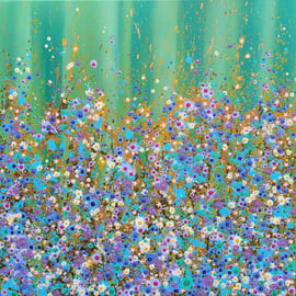 a painting of a field with flowers and a green background
