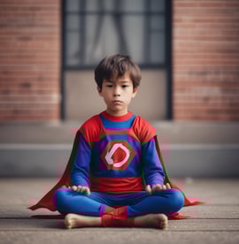 A child dressed in a superhero costume stands surrounded by colorful balloons and decorations featuring comic book elements. The background includes a cake with superhero motifs and a decorative stand with cupcakes.