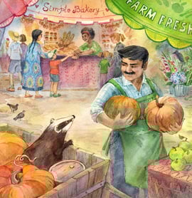 a man holding a pumpkin in a market with badger looking at him in watercolor by olga tenyakova