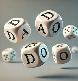 dados caindo sobre uma mesa, formando a palavra DADO em primeiro plano
