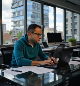 a man sitting at a desk with a laptop computer, darouiche darouiche