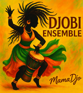 a woman in a colorful dress dancing with a drum