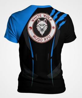 a black and blue shirt with a wolf logo on it