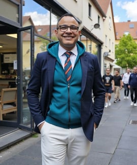 a man in a suit and tie standing in front of a building