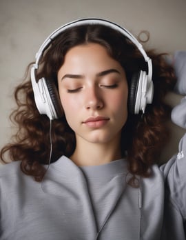 a woman with her eyes closed holding a phone to her ear