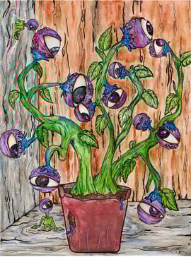 a potted eye  plant ,surreal art acrylic painting