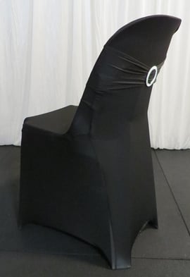 Pippee plastic chair with a black spandex cover and matching bling ribbon, available for hire in Brisbane.