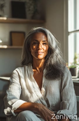 silver-haired woman seated in natural light, symbolizing calm, confidence, and gentle gut support