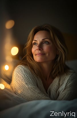 smiling woman in cozy bedroom lighting, representing peaceful wellness and gentle evening routine