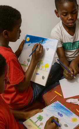 un groupe d'enfants des ateliers créatifs sont assis autour d'une table et dessinent