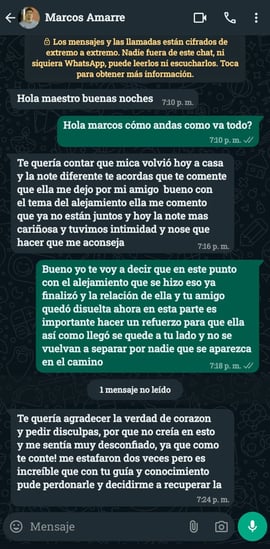 Conversacion real por WhatsApp sobre trabajo espirutal para recuperar a la pareja
