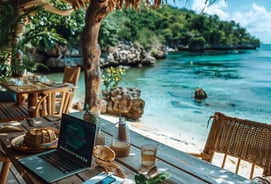 A serene beach scene with golden sand  with crystal-clear turquoise waters, for succesful creators.