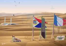 Digital artwork of a desertified St. Martin border with flags and ruins
