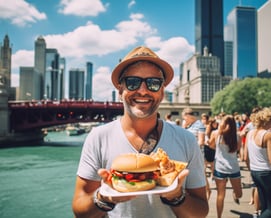 a man in a hat and sunglasses holding a plate with a hamburger in Chicago