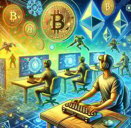 a man sitting at a desk with a computer and a bitcoin bitco