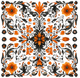 a black and orange flowered design on a black background