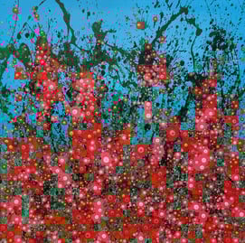 a painting of a meadow with red flowers