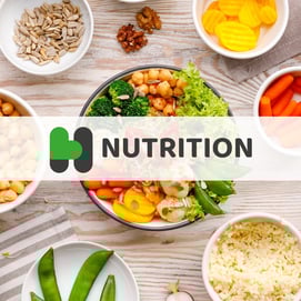 Badge for Nutrition service, with a background of bowls of healthy salads, fruits and nuts