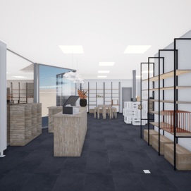 Image du projet de transformation avec des étagères et un comptoir en bois vue vers les vitrines