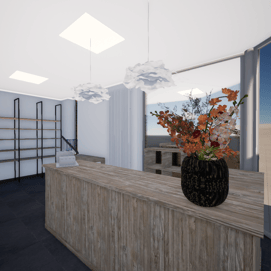 Photo du projet de transformation vue vers le comptoir en bois avec des luminaires en papier et une