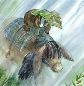 a badger is sitting on a donkey in the rain drawn with watercolor  by olga tenyakova
