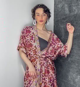 PATTERNED ORANGE SILK KIMONO COVER UP BEACH STYLE