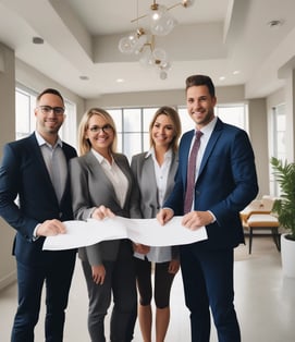 A real estate auction sign displaying the word 'SOLD' in bold red letters. The sign includes images of a home's interior featuring a living room with modern furniture, and it is set against the backdrop of trees and sky.