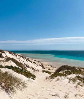Beautiful white sand beach at Coral Bay with crystal-clear turquoise water, in Western Australia.