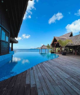 View from our accommodation by the Bora Bora lagoon, French Polynesia.