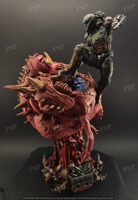 Custom resin diorama of armored sci-fi warrior battling floating creature, painted in brutal style