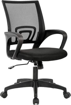 a black office chair with a black mesh back and a black mesh back
