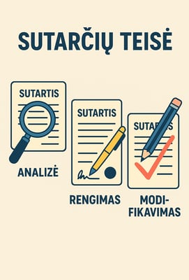 Sutarčių teisės paslaugų iliustracija. Viršuje stambiai parašyta „Sutarčių teisė“. Žemiau trys ilius