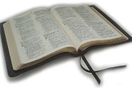 Opened black Bible with black ribbon book markers