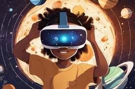 a student using a VR headset to explore a virtual representation of the solar system with planets